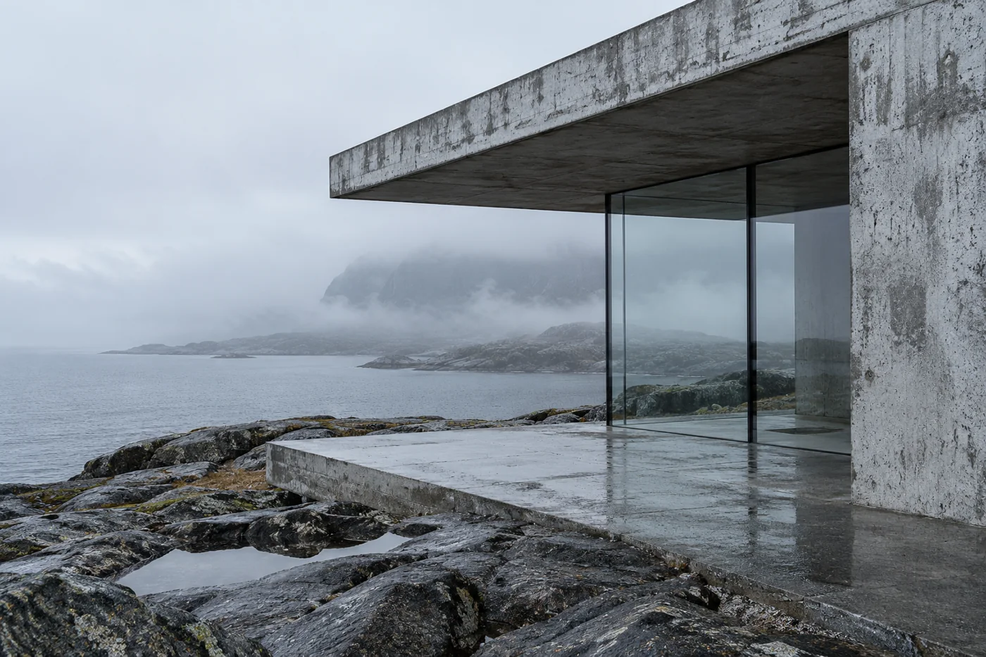 Concrete and glass coastal shelter in fog